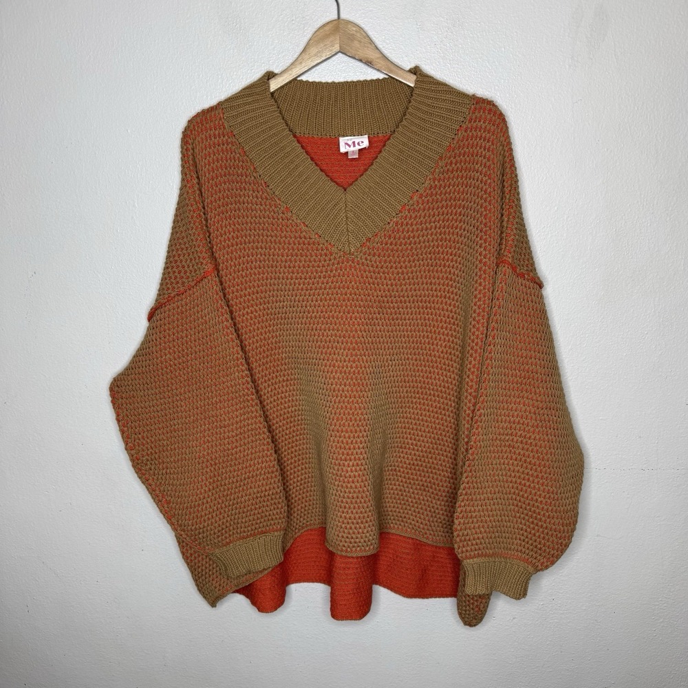 So Me Oversized V-neck Two Toned Textured Sweater Orange Boho Fall Women's Large